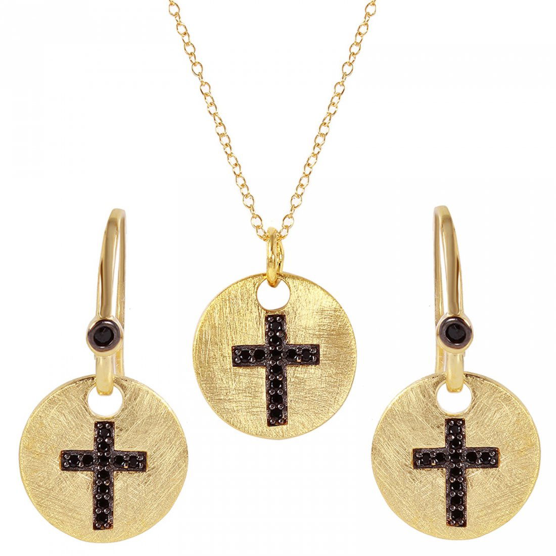 Sterling Silver Gold Plated Black Cross Round Tag Set: Sterling Silver Gold Plated Black Cross Round Tag Set BGS00409