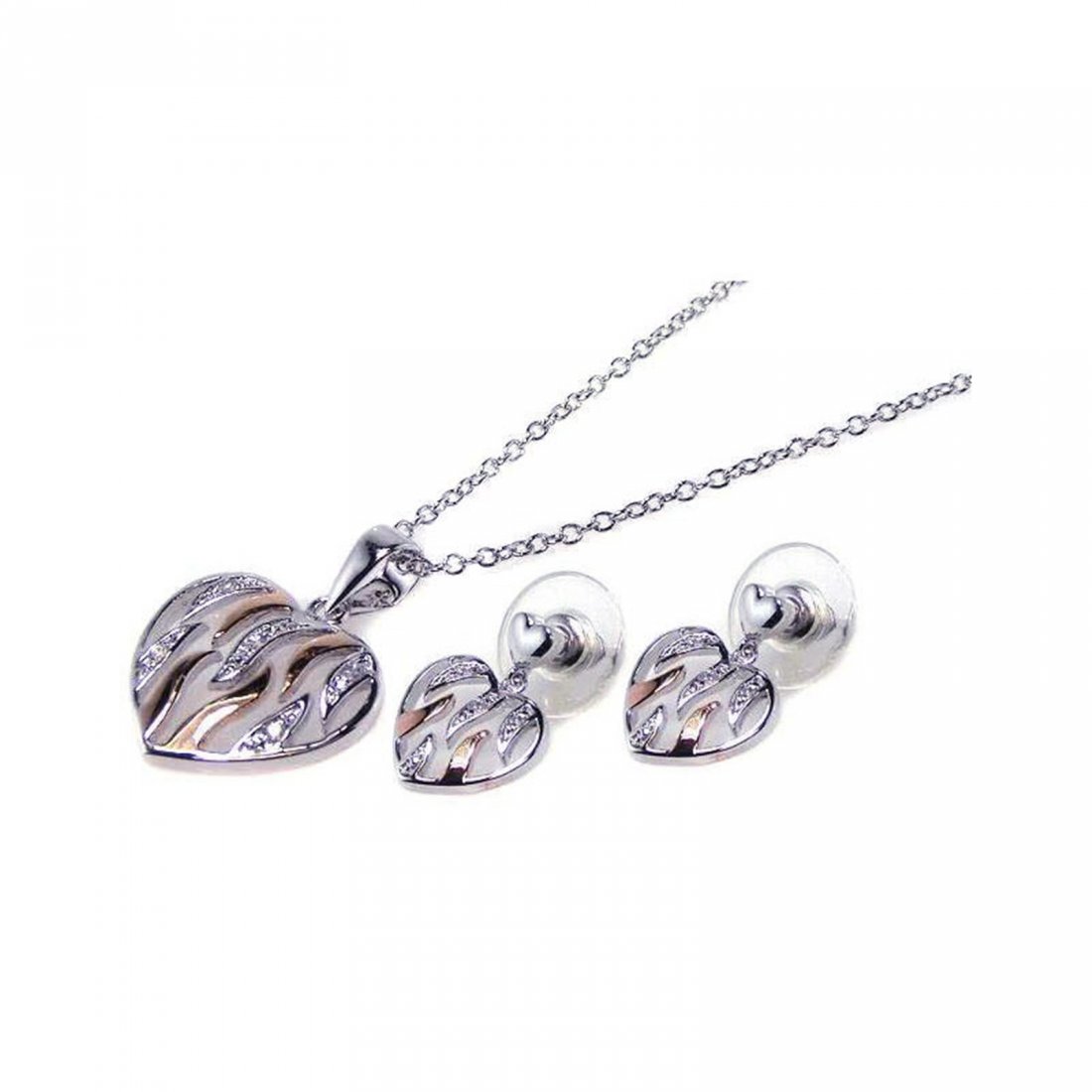 Sterling Silver Rhodium & Gold Plated White Enamel: Sterling Silver Rhodium & Gold Plated White Enamel Heart Clear CZ Dangling Stud Earring & Dangling Necklace Set bgs00022 4 toned heart matching set