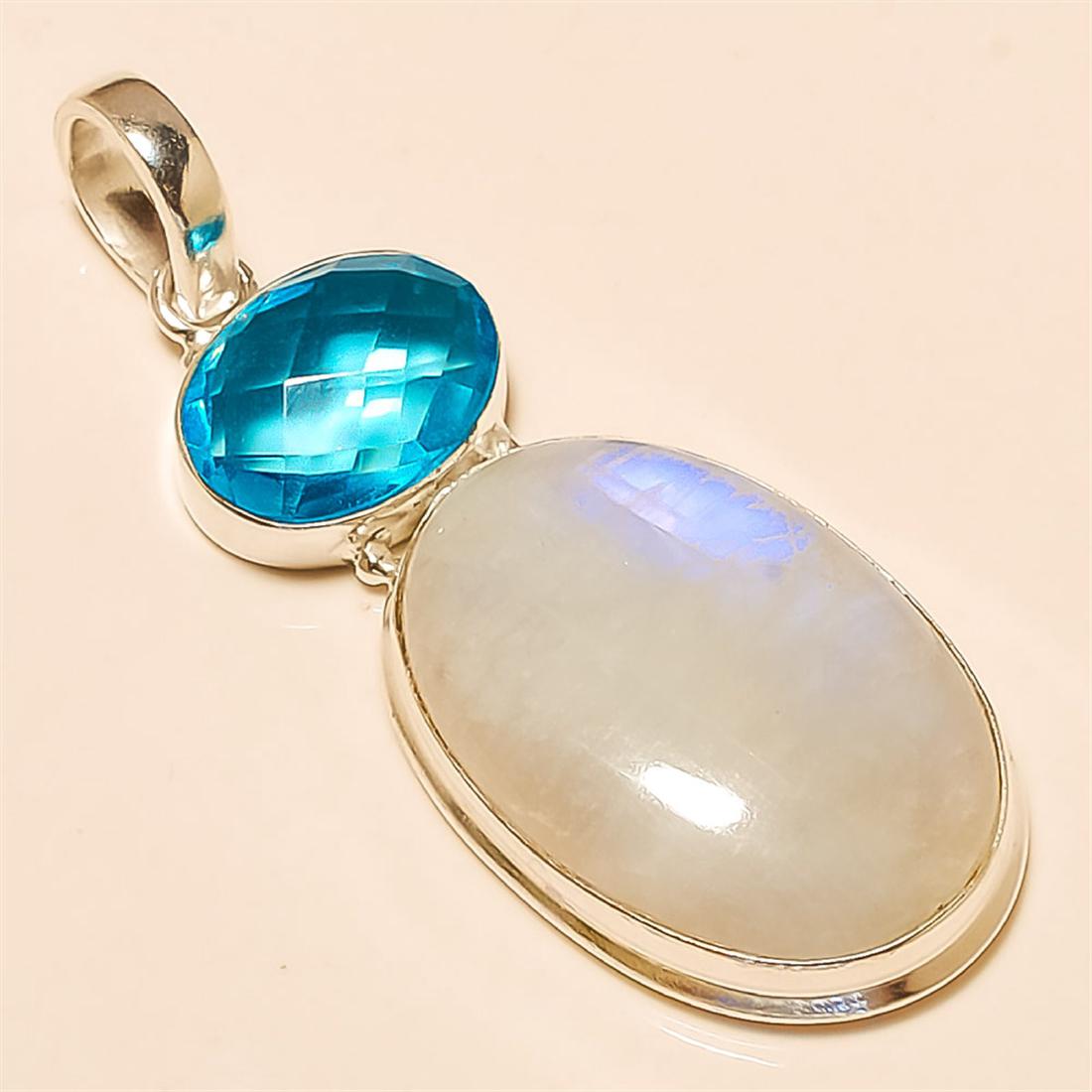 Moonstone/Blue Topaz Pendant Solid Sterling Silver: Moonstone/Blue Topaz Pendant Solid Sterling Silver Length:2 inch Weight:9 gram #P-548