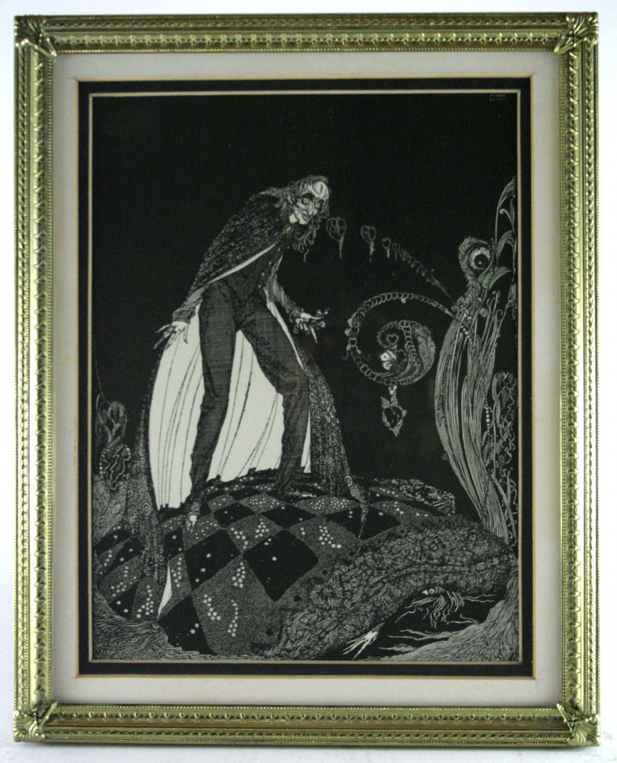 Harry Clarke Antique Lithograph: Antique original lithograph by Harry Clarke, printed in 1923 for the first edition of “Tales of Mystery and Imagination” By Edgar Allan Poe 8 x 10 inches framed
