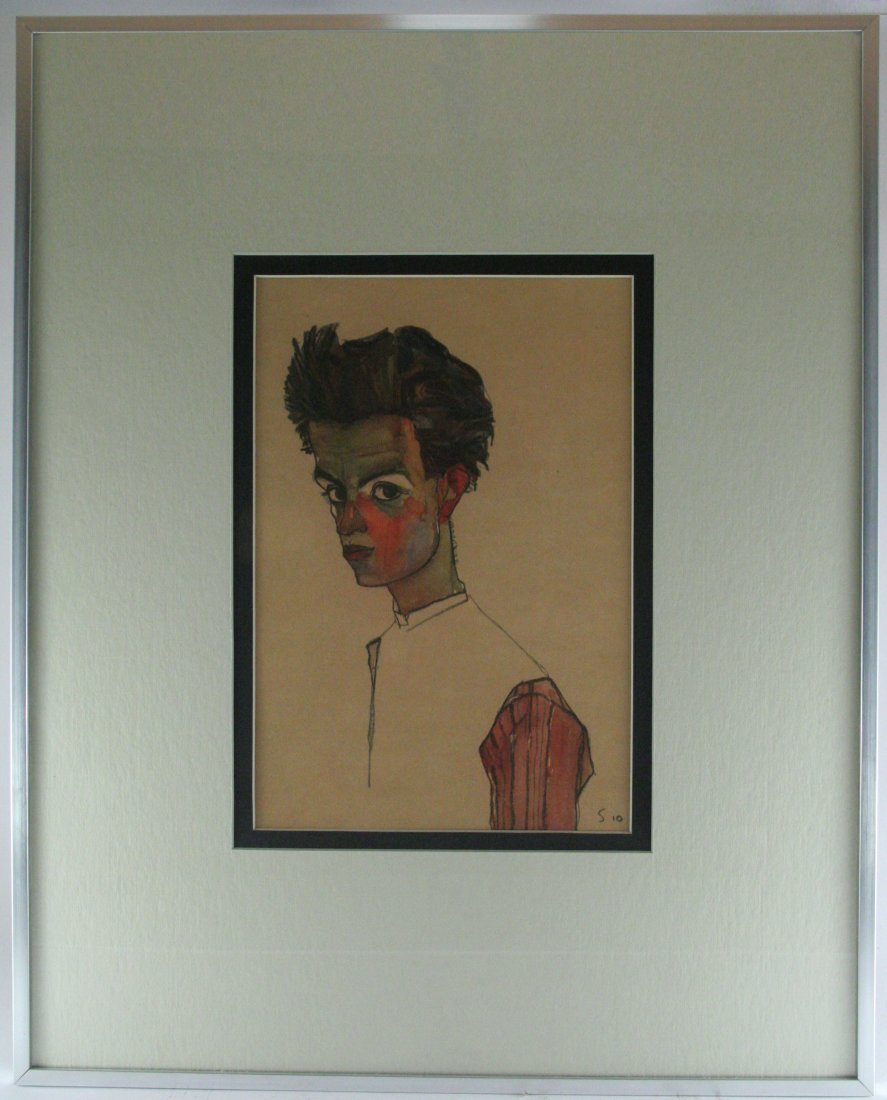 Egon Schiele, "Self Portrait with Striped Shirt, 1910": Antique/vintage offset lithograph, after the original watercolor "Self Portrait with Striped Shirt, 1910", printed 1910-1950, signed in the plate. Image size 7 x 10.5 inchesOverall size is 16x20 inche