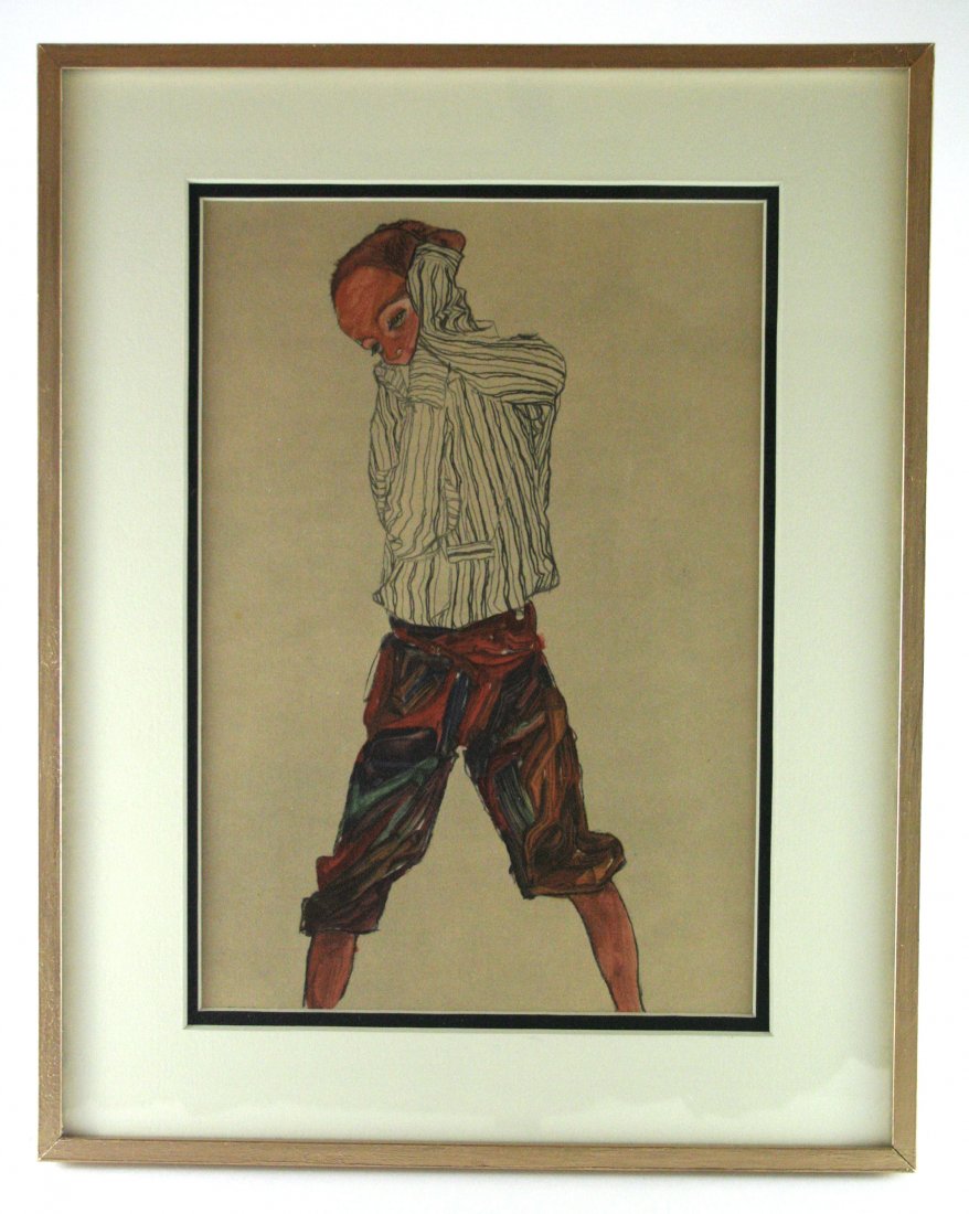 After Egon Schiele, "Boy in striped shirt": Antique/vintage offset lithograph, after the original watercolor "Boy in striped shirt", printed 1900-1950.Image size 7 x 10.5 inchesOverall size is 11 x 14 inchesProfessionally custom matted on museu