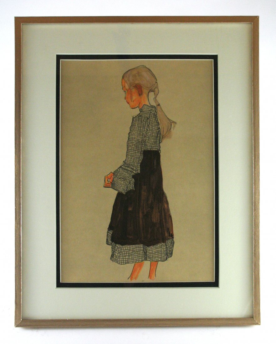 After Egon Schiele, "Little Austrian Girl": Antique/vintage offset lithograph, after the original watercolor "Little Austrian Girl", printed 1900-1950.Image size 7 x 10.5 inchesOverall size is 11 x 14 inchesProfessionally custom matted on museu