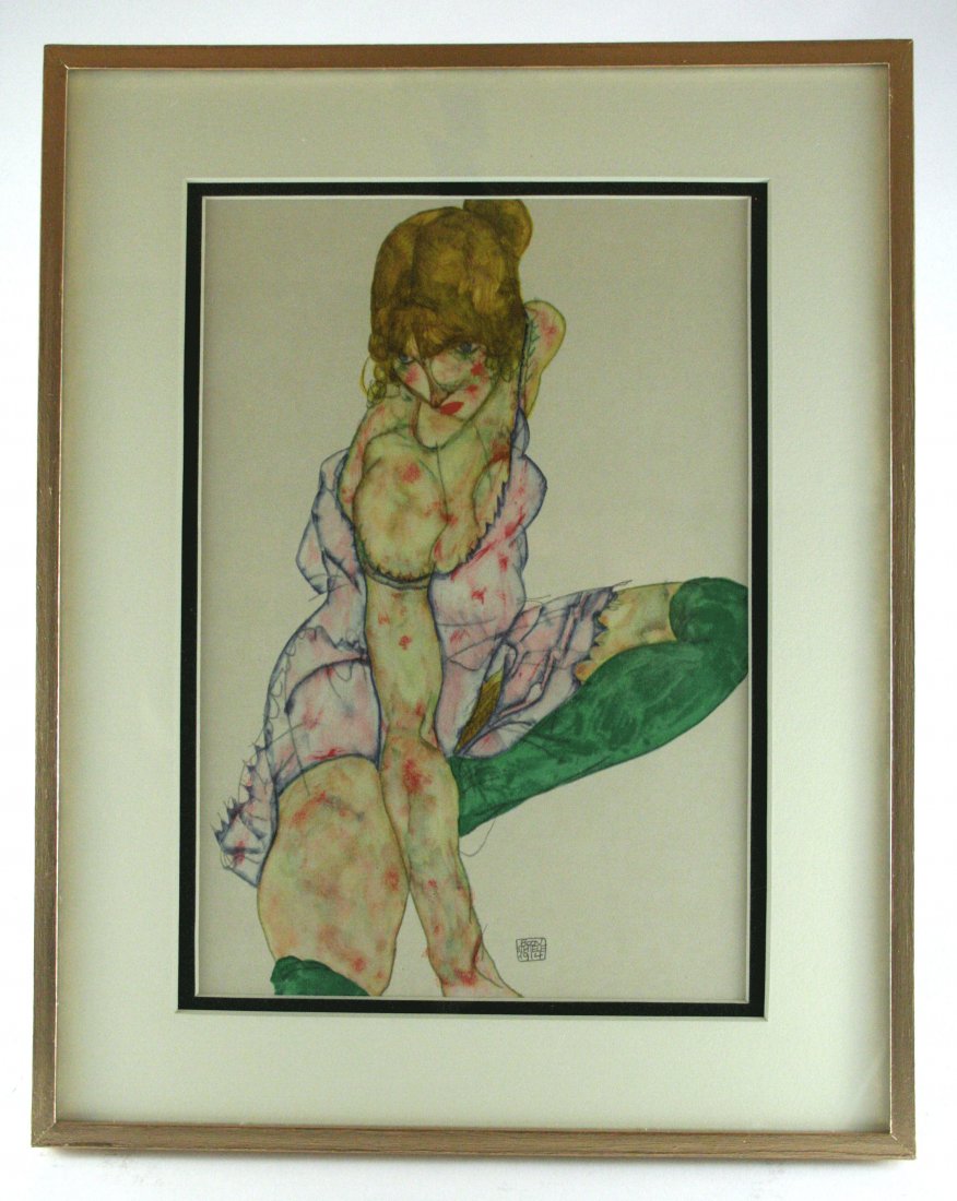 Egon Schiele, "Blonde Girl in Green Stockings" 1914: Antique/vintage offset lithograph, after the original watercolor "Blonde Girl in Green Stockings", printed 1914-1950,signed in the plate.Image size 7 x 10.5 inchesOverall size is 11 x 14 inchesProfess