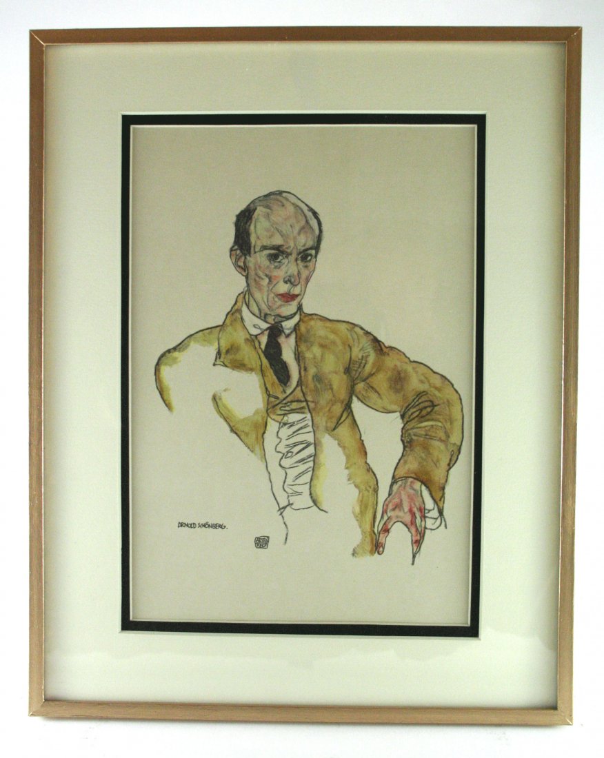 After Egon Schiele, "Portrait of Arnold Schönberg" 1917: Antique/vintage offset lithograph, after the original watercolor "Portrait of Arnold Schönberg", printed 1917-1950,signed in the plate.Image size 7 x 10.5 inchesOverall size is 11 x 14 inchesProfessi