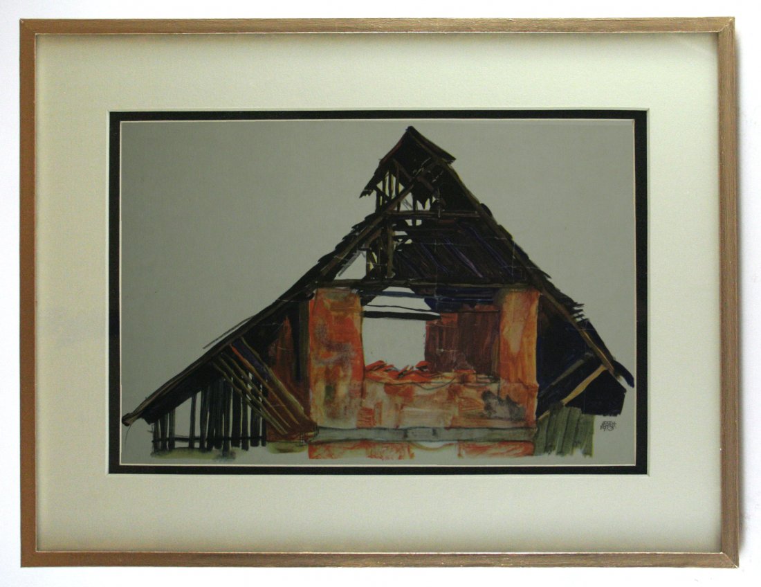 After Egon Schiele, Vintage Lithograph: Antique/vintage offset lithograph, after the original watercolor, printed 1910-1950, signed in the plate. Image size 7 x 10.5 inches, Overall size is 11x14 inches, Professionally custom matted on muse