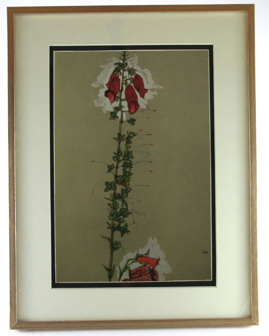 After Egon Schiele, Vintage Lithograph: Antique/vintage offset lithograph, after the original watercolor, printed 1910-1950, signed in the plate. Image size 7 x 10.5 inches, Overall size is 11x14 inches, Professionally custom matted on muse