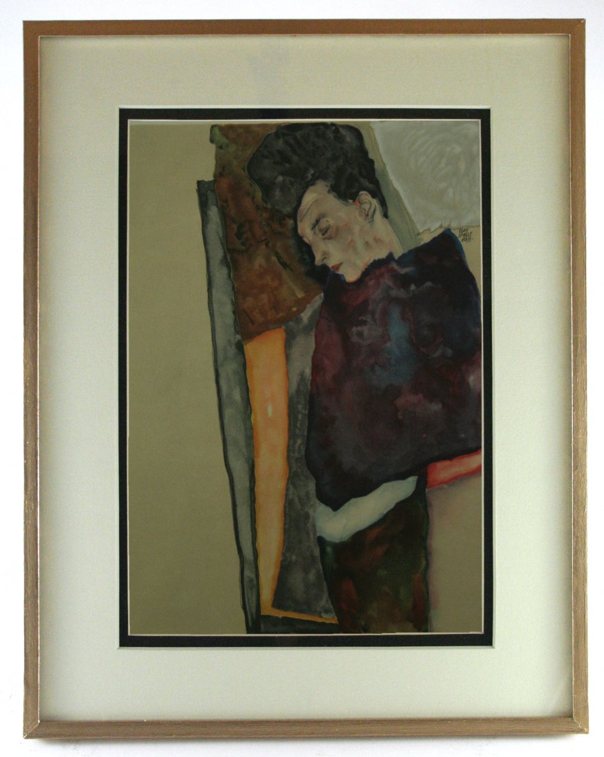 After Egon Schiele, Vintage Lithograph: Antique/vintage offset lithograph, after the original watercolor, printed 1910-1950, signed in the plate.Image size 7 x 10.5 inches, Overall size is 11x14 inches, Professionally custom matted on museu
