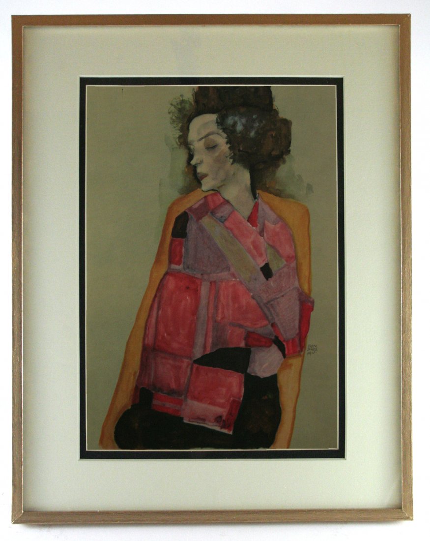 After Egon Schiele, Vintage Lithograph: Antique/vintage offset lithograph, after the original watercolor, printed 1910-1950, signed in the plate.Image size 7 x 10.5 inches, Overall size is 11x14 inches, Professionally custom matted on museu