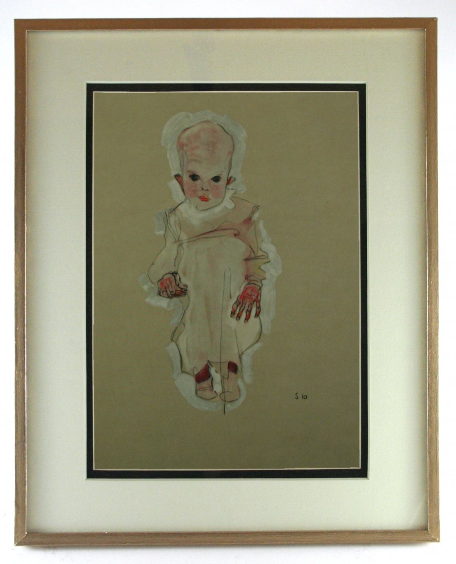After Egon Schiele, Little Baby: Antique/vintage offset lithograph, after the original watercolor, printed 1910-1950, signed in the plate.Image size 7 x 10.5 inches, Overall size is 11x14 inches, Professionally custom matted on museu