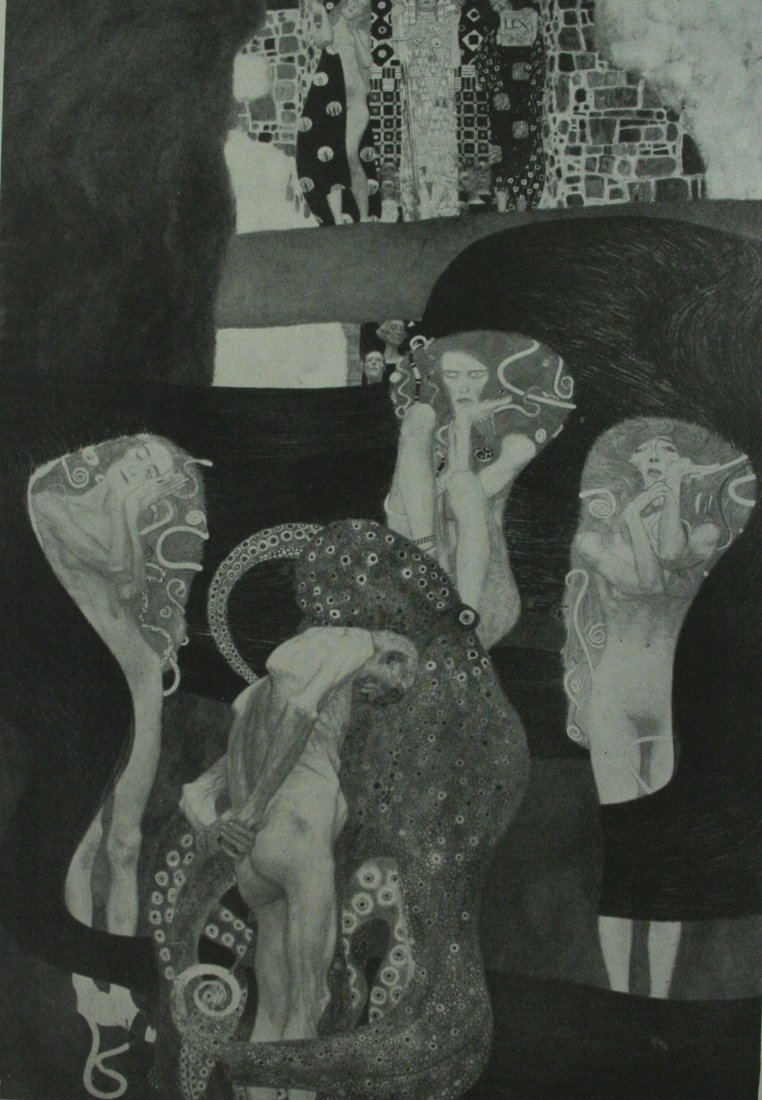 Gustav Klimt "Jurisprudenz" Vintage Lithograph: Vintage offset lithograph, after the original oil "Jurisprudenz 1900", printed circa 1950.Image size 5 x 7 inchesOverall size is 10 x 12 inches Professionally custom matted on museum grade acid free m