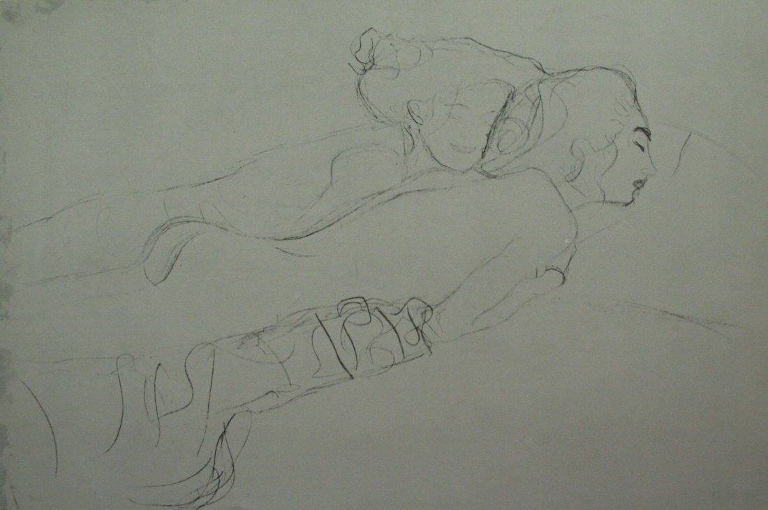 Gustav Klimt Vintage Lithograph: Vintage offset lithograph, after the original drawing "Study for Water Serpents II" 1904-07. printed circa 1960. Image size 7 x 11 inches Overall size is 11 x 14 inches Professionally custom double ma
