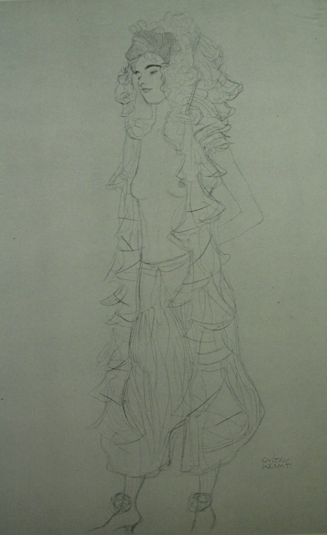 Gustav Klimt Vintage Lithograph "Standing Girl": Vintage offset lithograph, after the original Drawing "Standing Girl with Lace Headdress C 1907 , printed circa 1950.Image size 7 x 11 inches Overall size is 11 x 14 inches Professionally custom matte