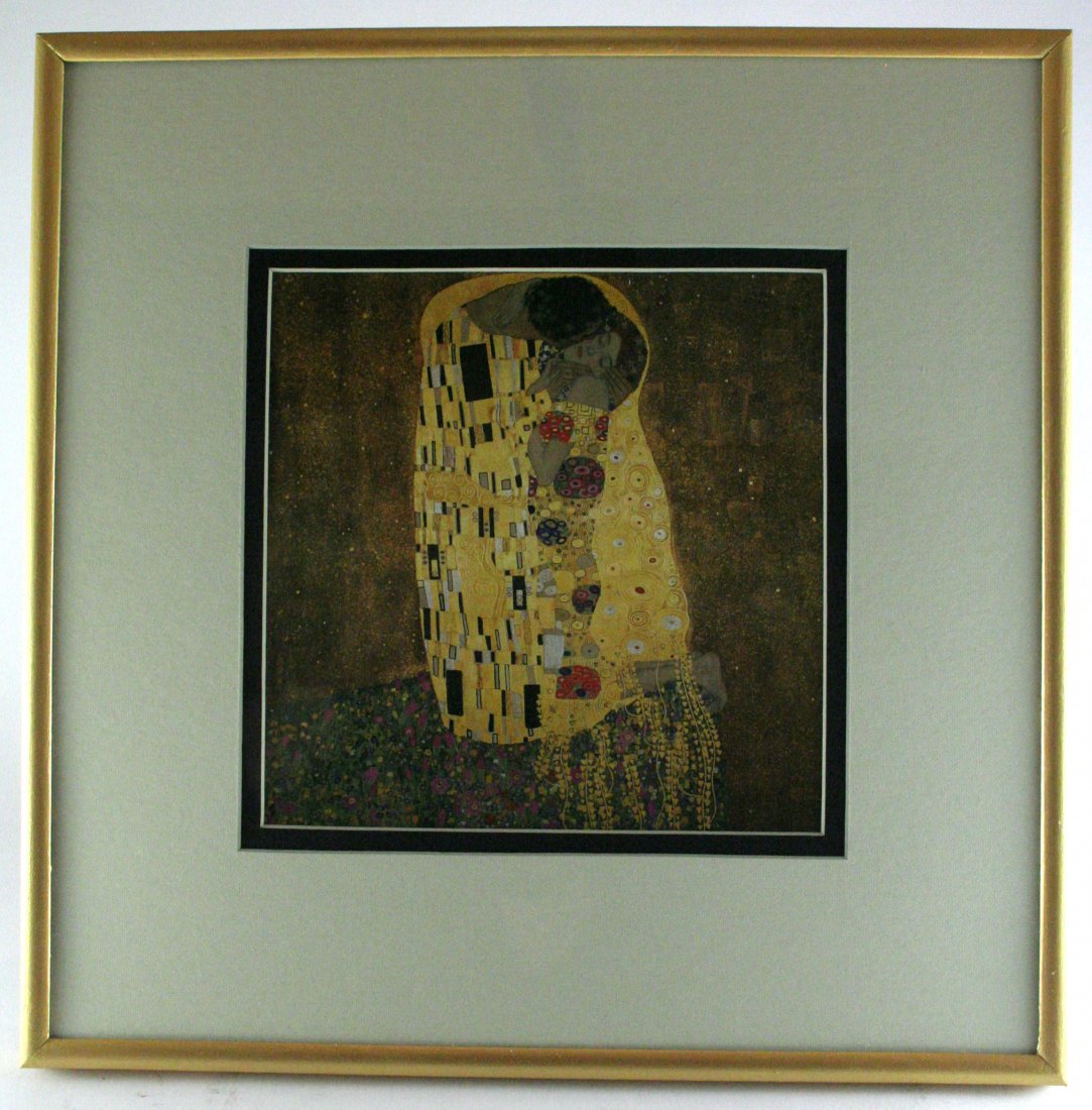 Gustav Klimt "The Kiss" 1908: Vintage mid century lithograph, printed after the original oil painting. 12 x 12 inches framed