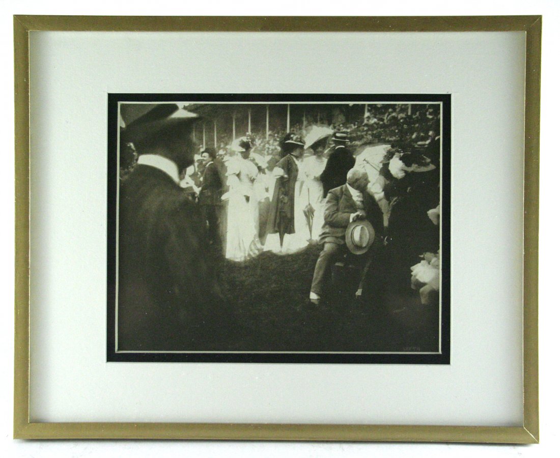 Edward Steichen, Steeplechase Day, Paris,The Grandstand: Vintage photogravure, after the original, printed Mid-20C. Image size 6 x 5 inches Overall size is 8 x 10 inches Professionally custom matted and framed in a gold gallery frame.
