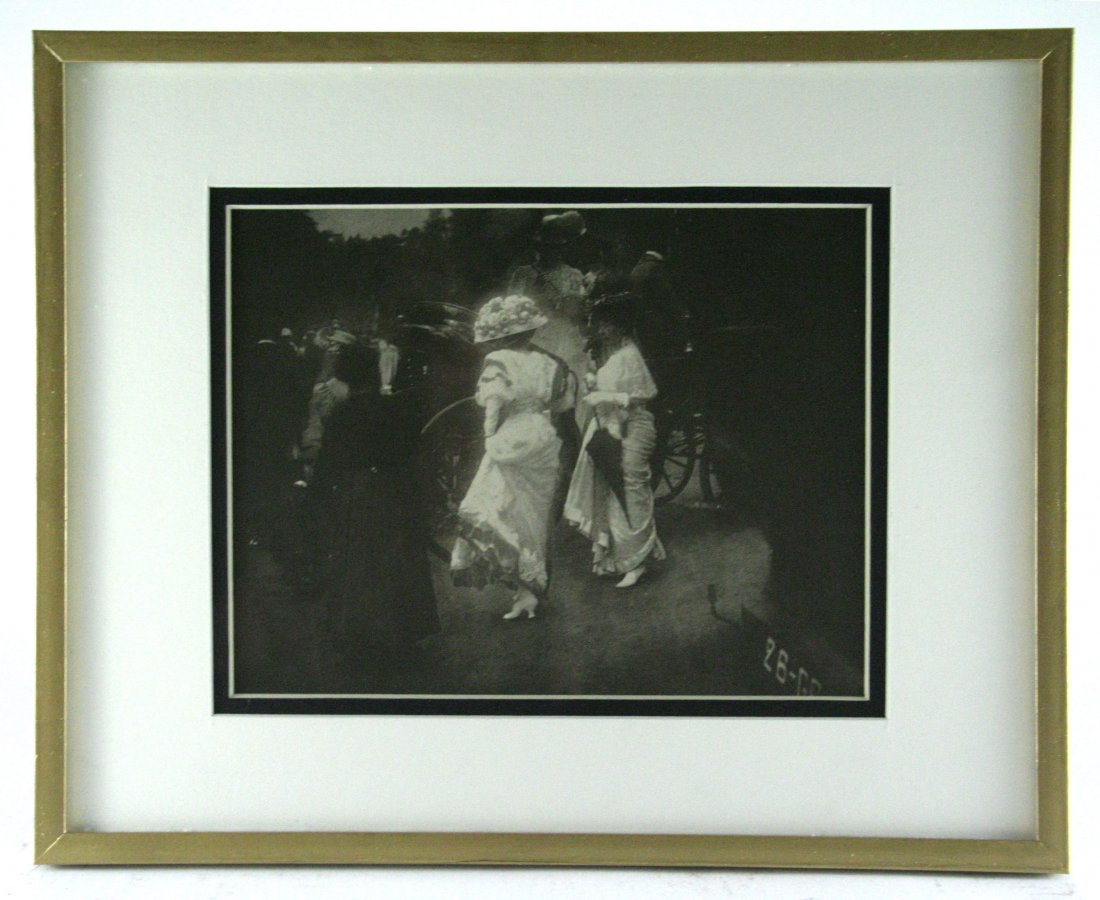 Edward Steichen, Steeplechase Day, Paris After the Race: Vintage photogravure, after the original, printed Mid-20C.Image size 6 x 5 inches, Overall size is 8 x 10 inches, Professionally custom matted and framed in a gold gallery frame