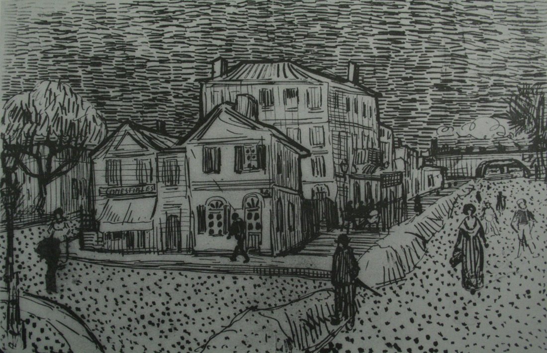 (After) Vincent Van Gogh, Vintage Lithograph: Vintage Lithograph, after the original drawing " Vincents house " 1888, printed Mid-20C. Image size 8 x 5 inches Overall size is 11 x 14 inches Professionally custom matted and framed in a gold galler