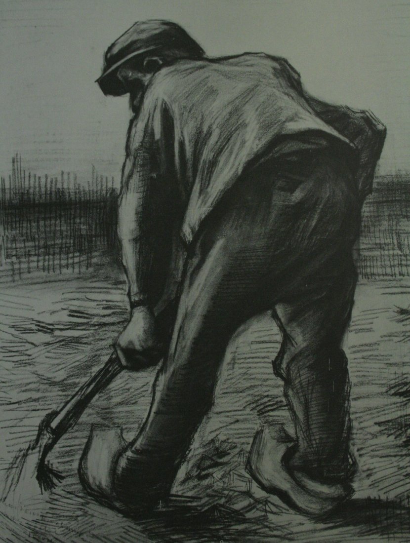 (After) Vincent Van Gogh, Vintage Lithograph: Vintage Lithograph, after the original drawing " Peasant Digging " 1885, printed Mid-20C. Image size 8 x 6 inches Overall size is 10 x 12 inches Professionally custom matted and framed in a gold galle