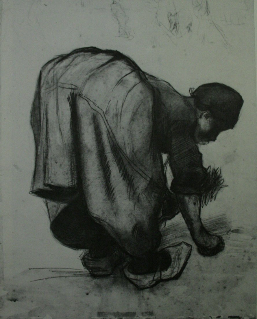 (After) Vincent Van Gogh, Vintage Lithograph: Vintage Lithograph, after the original drawing " Peasant Woman, Stooping " 1885, printed Mid-20C. Image size 8 x 6 inches Overall size is 10 x 12 inches Professionally custom matted and framed in a go