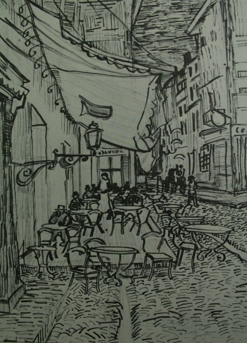 (After) Vincent Van Gogh, Vintage Lithograph: Vintage Lithograph, after the original pencil drawing " Cafe Terrace at Night " 1888, printed Mid-20C. Image size 7 x 9 inches Overall size is 10 x 12 inches Professionally custom matted and framed in