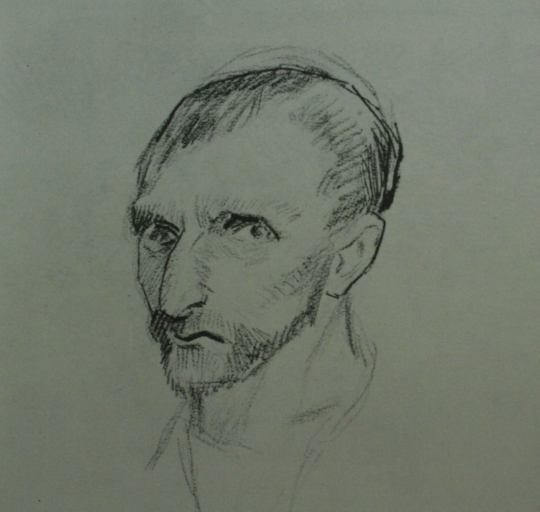 Vincent Van Gogh, Vintage Lithograph: Vintage Lithograph, after the original pencil drawing " Self-portrait " 1887, printed Mid-20C. Image size 6 x 6 inches Overall size is 12 x 12 inches Professionally custom matted and framed in a gold 