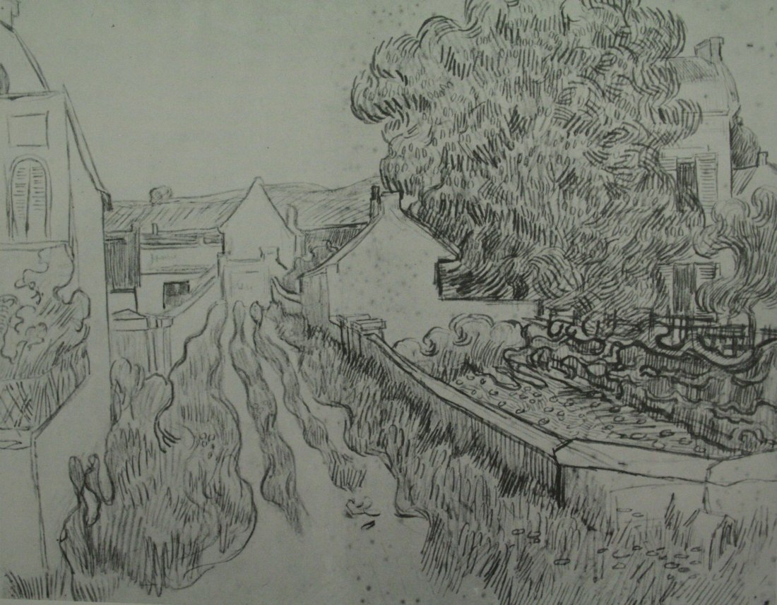 Vincent Van Gogh, Vintage Lithograph: Vintage Lithograph, after the original pen drawing "Village Street " 1890, printed Mid-20C. Image size 8 x 6 inches Overall size is 10 x 12 inches Professionally custom matted and framed in a gold gal