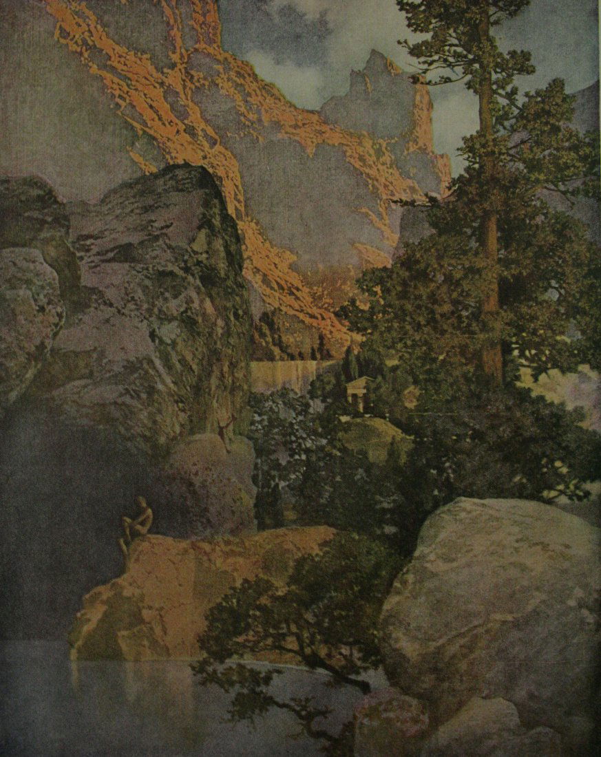 Maxfield Parrish Antique Lithograph: Maxfield Parrish Antique Lithograph. Series from "Tanglewood Tales" Early 20th C. 5 x 7 Image, Overall Framed 10 x 12, Gold gallery frame.