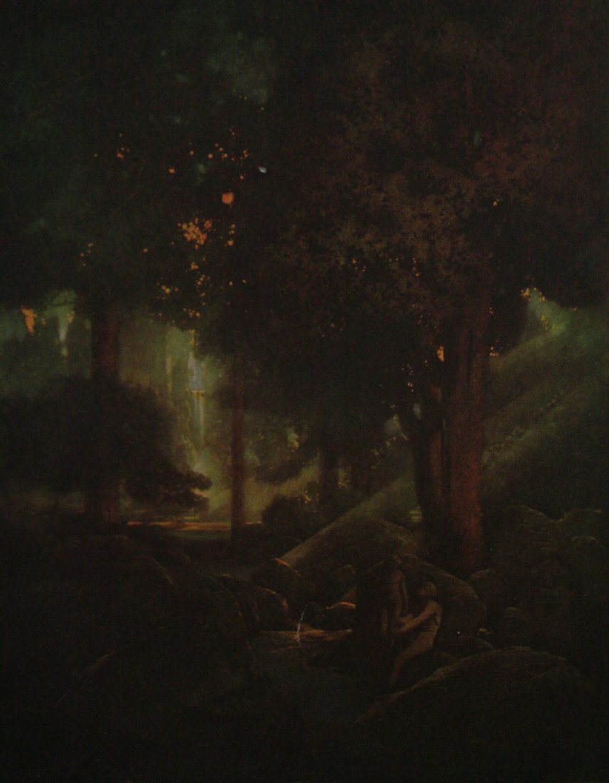 Maxfield Parrish Antique Lithograph: Maxfield Parrish Antique Lithograph. Series from "Tanglewood Tales" Early 20th C. 5 x 7 Image, Overall Framed 10 x 12, Gold gallery frame.