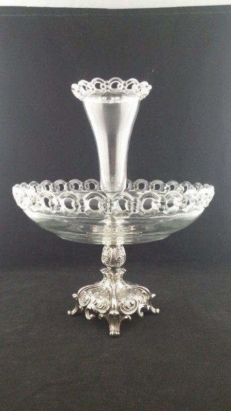 Inwald "Forget Me Knot" Epergne Circa 1940's Perfloral: Overall Height about 15 inches Metal base 7 inches tall and 5 inches wide Bottom Bowl 3 inches and 12 inches in diameter Top Bowl including the part with the grooves for connection about 9 inches tall