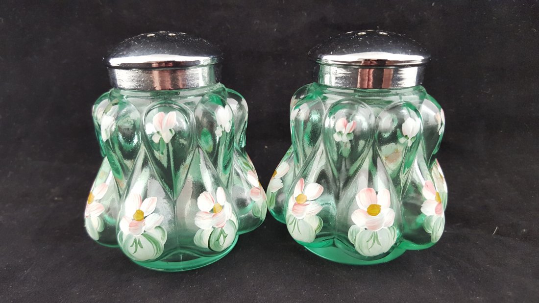 Fenton Hand Painted S&P Shakers Teardrop Sea Mist Green: #6906 TD about 3" tall Signed by S Johnson Circa 1990's