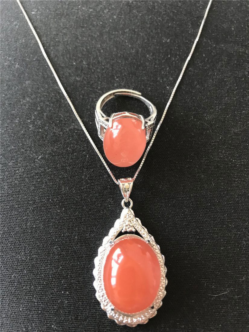 Chinese South red agate Pure silver inlaid necklace and (1 of 5)