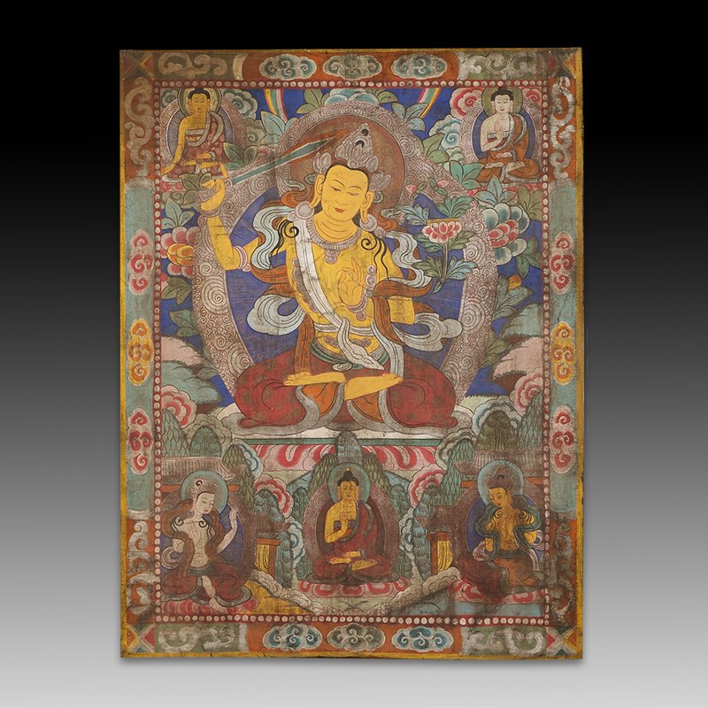 Chinese Qing Dynasty Painting Buddhist Thangka: Chinese Qing Dynasty painting Buddhist Thangka.18th Century Qing Dynasty Chinese large painting Buddhist Thangka..Total Length: 144cm, Total Width: 109cm