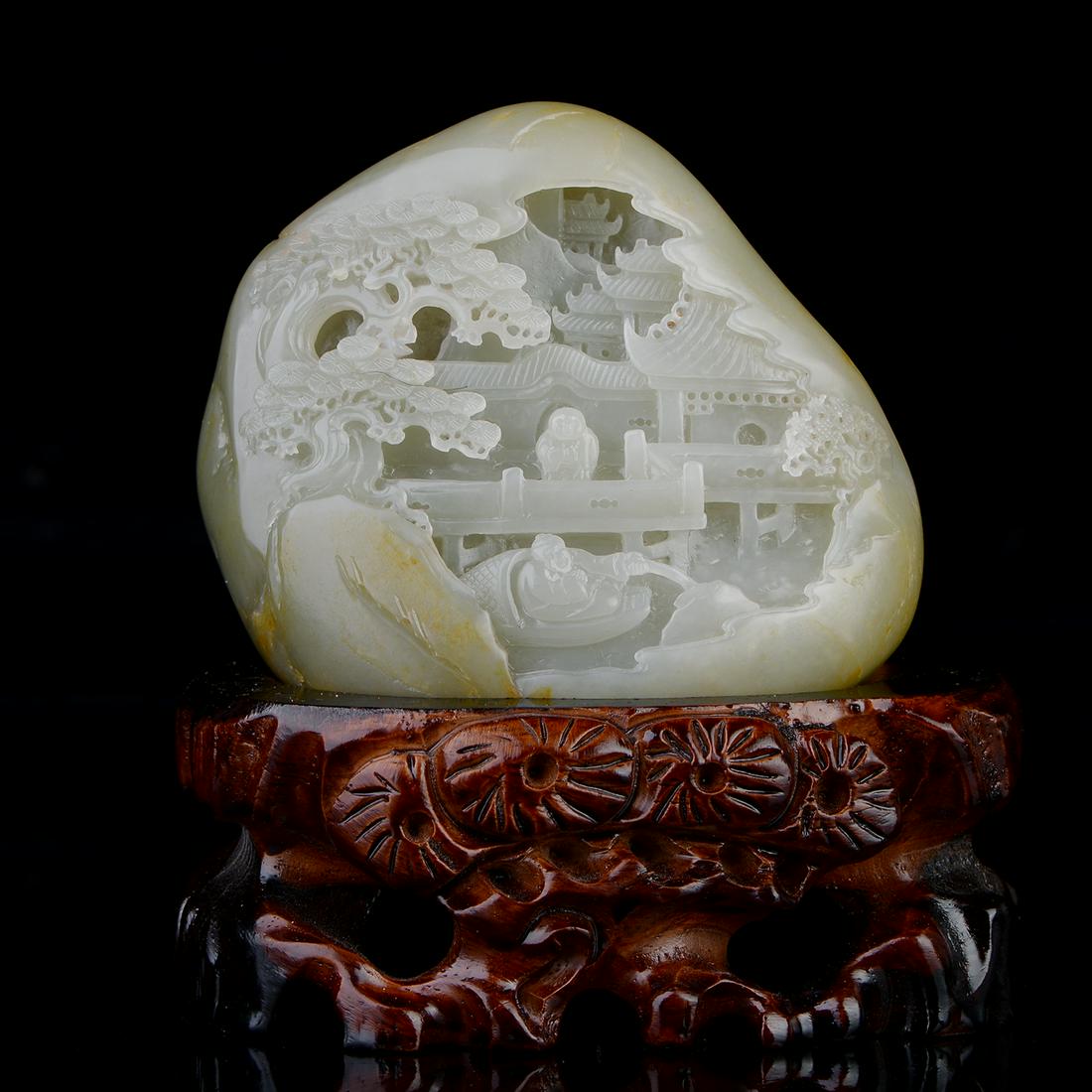 Chinese HeTian Jade Boulder: Chinese HeTian Jade Boulder, carved landscape and figures .Size:105*94*52mm