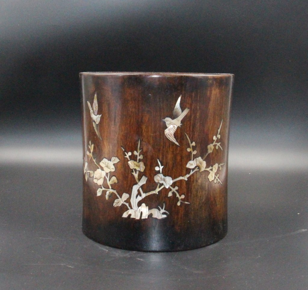 lg Chinese huanghuali brush holder inlaid w/ MOP (1 of 5)
