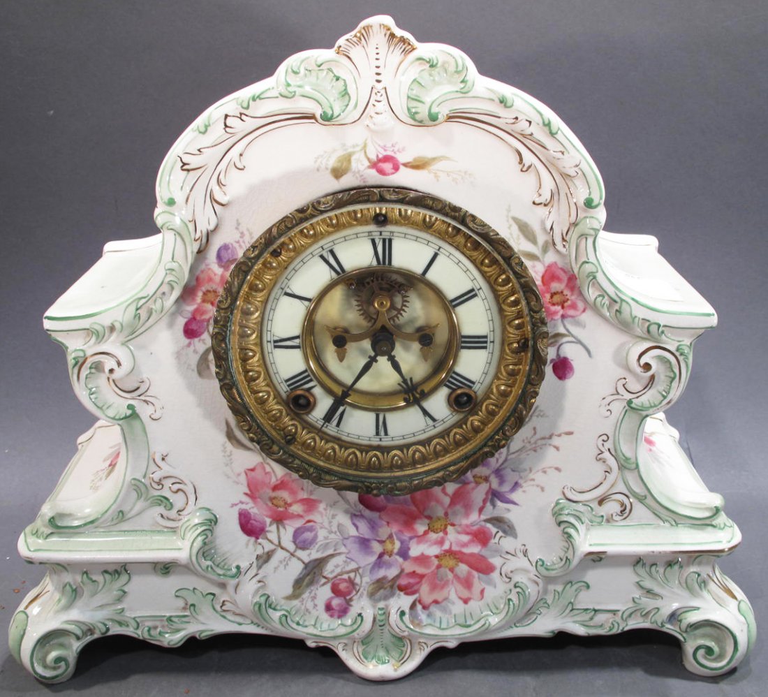 ANSONIA ROYAL BONN PORCELAIN MANTLE CLOCK. With open: ANSONIA ROYAL BONN PORCELAIN MANTLE CLOCK. With open escapement. "La Narde".