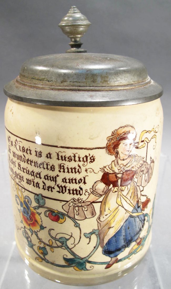 VILLEROY AND BOCH METTLACH POLYCHROME POTTERY STEIN.: VILLEROY AND BOCH METTLACH POLYCHROME POTTERY STEIN. #588. With pewter lid. 1526. Ca. 1890.