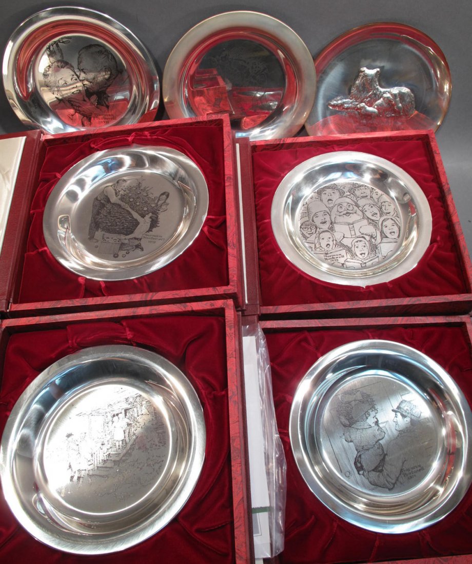 EIGHT STERLING SILVER COLLECTOR PLATES. Norman: EIGHT STERLING SILVER COLLECTOR PLATES. Norman Rockwell and Franklin Mint. Approx. 48 oz. troy.