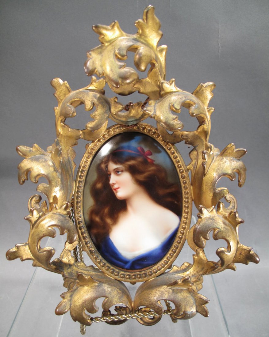 EARLY GERMAN PAINTING ON PORCELAIN. Possible Wagner.: EARLY GERMAN PAINTING ON PORCELAIN. Possible Wagner. Crown mark on back mounted in lavish gilt metal frame.