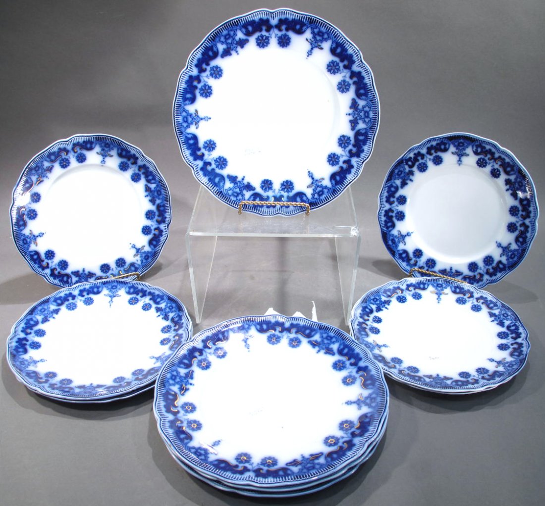 SET OF SIX JOHNSON BROS. FLOW BLUE "STANLEY" PATTERN: SET OF SIX JOHNSON BROS. FLOW BLUE "STANLEY" PATTERN DINNER PLATES. 10"d. Together with six Johnson Bros. flow blue "Stanley" pattern plates 9"d.