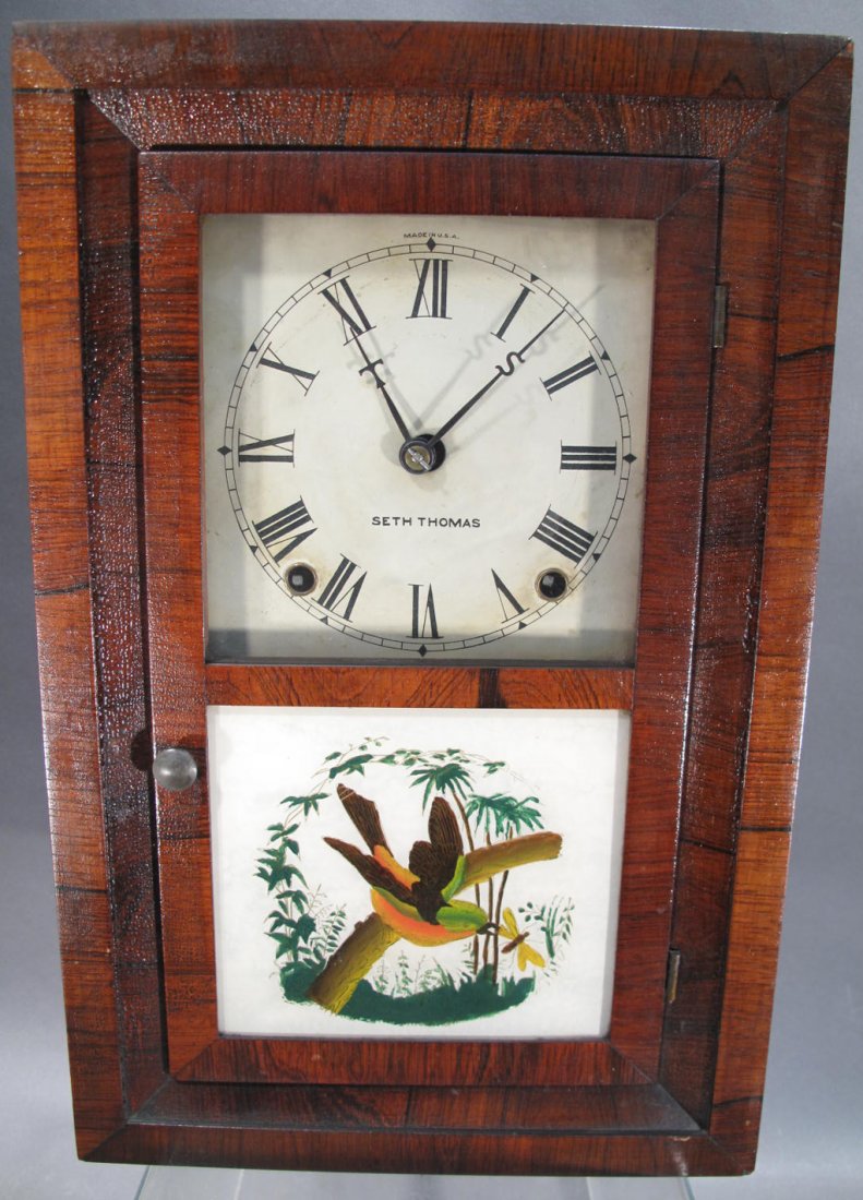 SETH THOMAS OG CLOCK WITH REVERSE PAINTING OF A BIRD.: SETH THOMAS OG CLOCK WITH REVERSE PAINTING OF A BIRD.