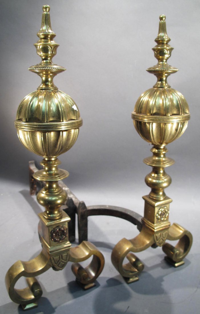 PAIR OF ANTIQUE BRASS ANDIRONS.: PAIR OF ANTIQUE BRASS ANDIRONS.