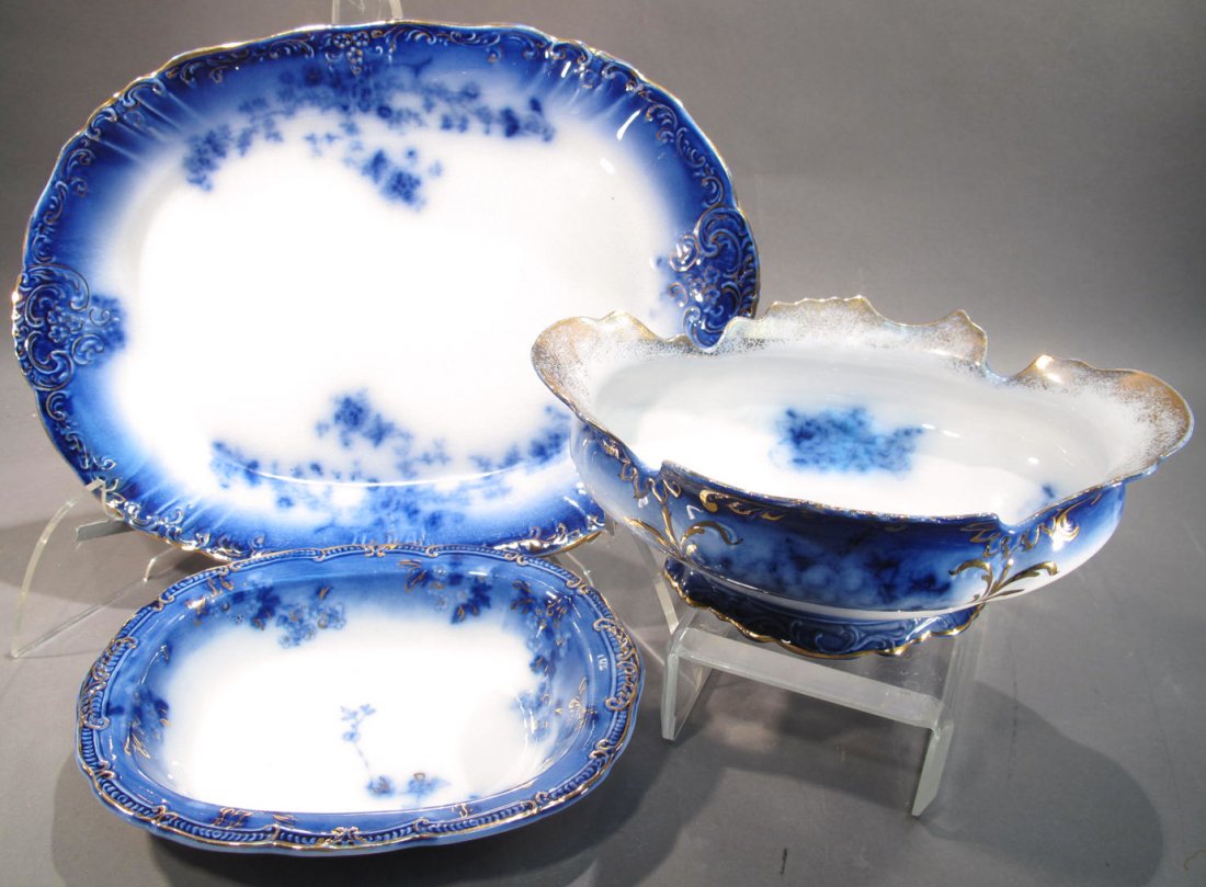 16 1/2" LA BELLE FLOW BLUE PLATTER TOGETHER WITH A FLOW: 16 1/2" LA BELLE FLOW BLUE PLATTER TOGETHER WITH A FLOW BLUE 19TH CENTURY BOWL 11 1/2"D AND A FLOW BLUE 10 1/2" SERVING DISH.