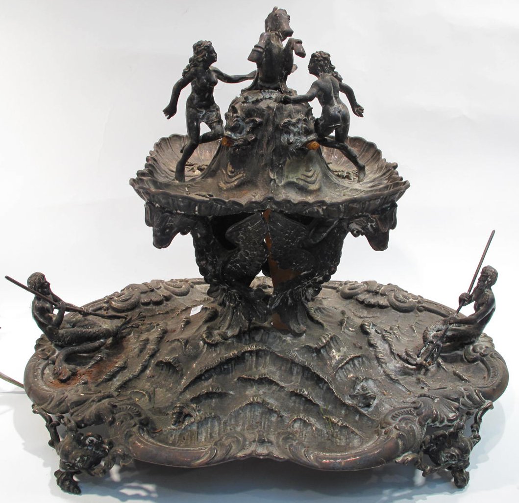 ITALIAN SILVERPLATE TABLE FOUNTAIN. Lavishly decorated: ITALIAN SILVERPLATE TABLE FOUNTAIN. Lavishly decorated with sea horses, Neptune.