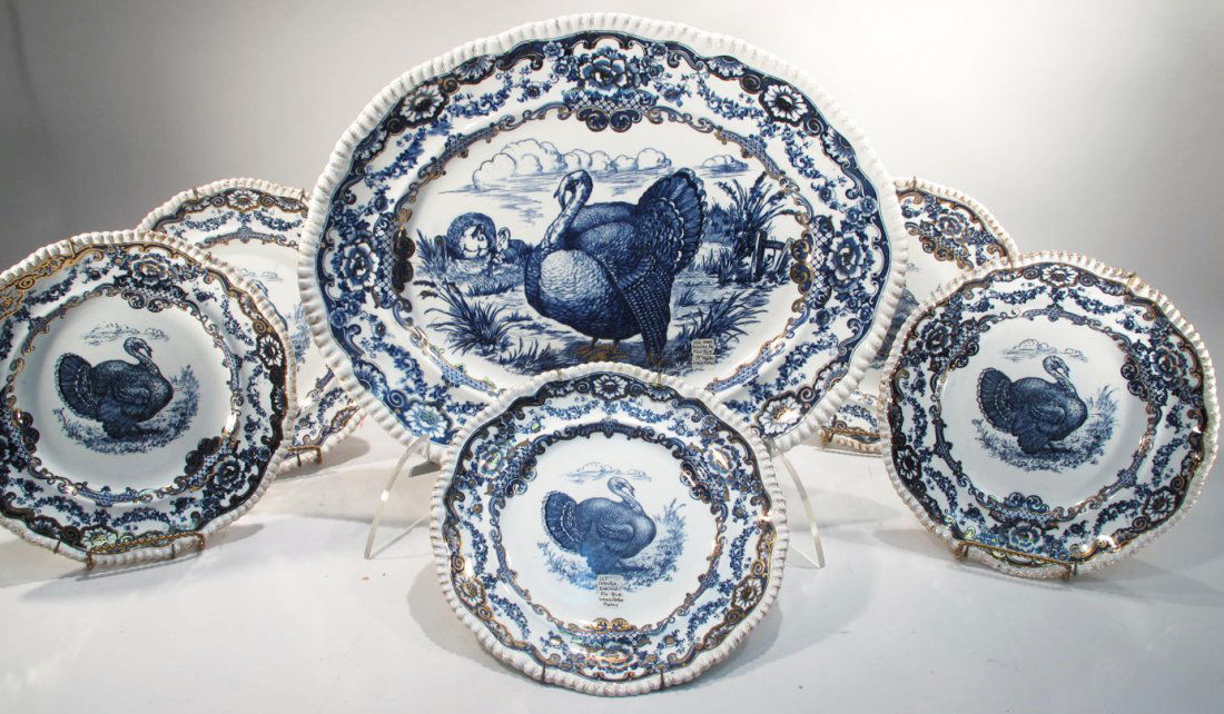 FLOW BLUE 19" TURKEY PLATTER AND FIVE 10" PLATES. By: FLOW BLUE 19" TURKEY PLATTER AND FIVE 10" PLATES. By Cobridge Eng Lincoln pattern.