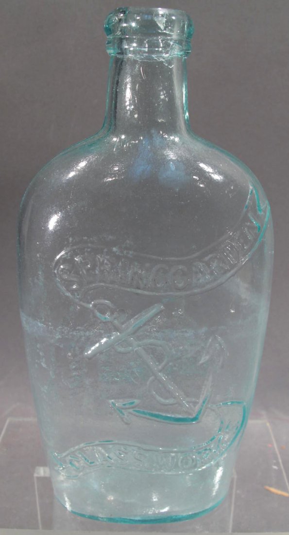 19TH CENTURY SPRING GARDEN GLASS WORKS, BLOWN: 19TH CENTURY SPRING GARDEN GLASS WORKS, BLOWN ANCHOR/LOG CABIN FLASK. 8"h.