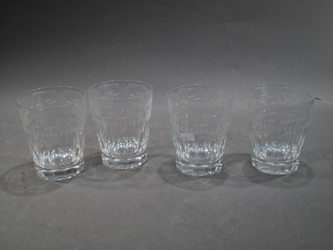 COLLECTION OF FOUR ACID ETCHED TUMBLER GLASSES.: COLLECTION OF FOUR ACID ETCHED TUMBLER GLASSES. Foliage design around rim of glass.