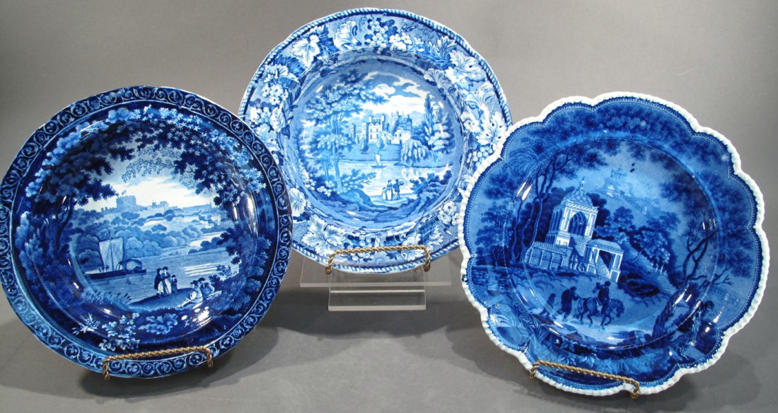THREE BLUE STAFFORDSHIRE DISHES. Including one 10": THREE BLUE STAFFORDSHIRE DISHES. Including one 10" soup, Guys Cliff Warwickshireby wood. Proof.