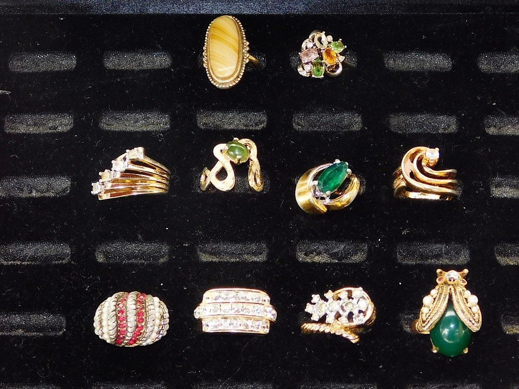 Vintage 14KT/18KT HGE Cocktail Ring Lot 7 PCS: A great lot of vintage cocktail rings. All marked either 14kt HGE or 18kt HGE. One marked Christian Dior( 3 rows rhinestones)