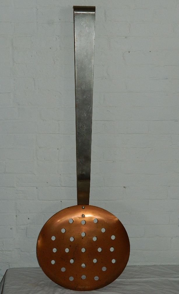 Curtis Jere Mid Cnetury Kitchen Wall Art Skimmer: Signed Curtis Jere mid century kitchen wall art.Great restaurant piece or gift for the cooking enthusiast.This is a skimmer made from metal and copper.Measures 52" in height. Overall diameter at wides