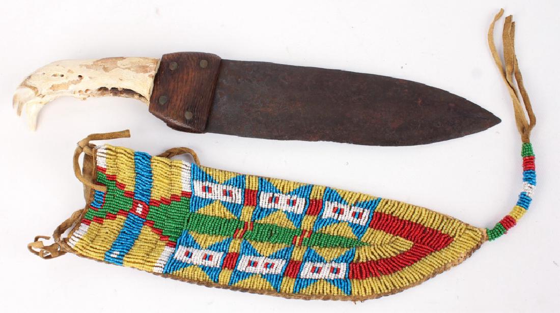 LARGE JAW HANDLE KNIFE W/ BEADWORK SCABBARD (1 of 3)